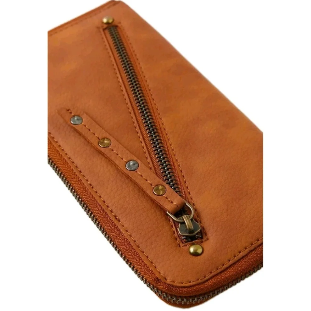 Free People Vegan Leather Long Wallet Zip Around Wristlet Brown Boho Western New